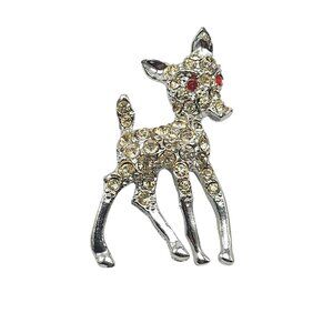 Crystal Encrusted Deer Brooch Pin With Red Eyes Rhinestone Accents